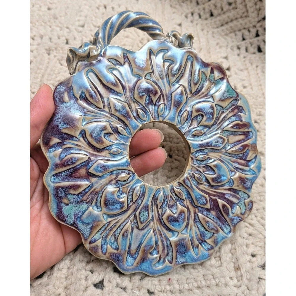 Vintage Studio Pottery Blue Purple Ceramic Wall Plaque Trivet Scalloped 8in